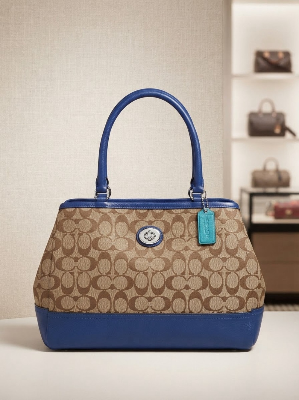 Coach Brown Signature Canvas Tote with Blue Leather Trim and Turquoise Tag